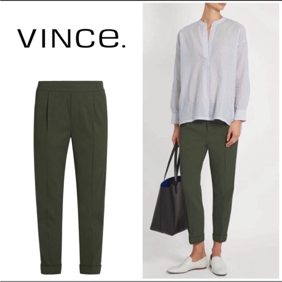 VINCE Green Pull On Drawstring Trousers Tapered Cuffed XS Olive Army Pants - Picture 1 of 12